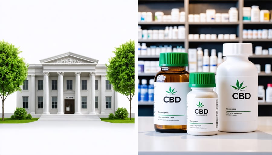 Ontario courthouse facade alongside legal CBD products display in pharmacy