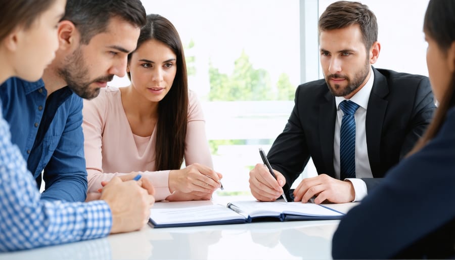 Family law mediator discussing custody agreement modifications with parents