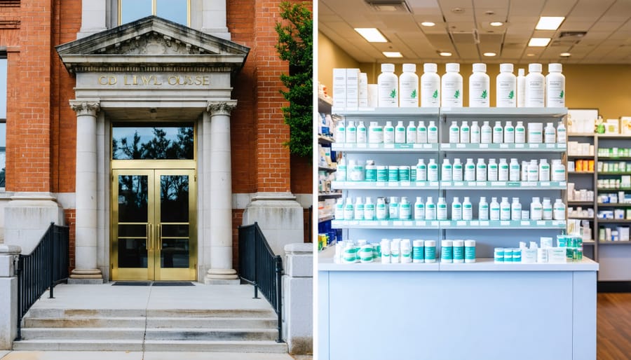 Split image illustrating the entrance of an Ontario courthouse alongside a display of legal CBD products within a pharmacy, representing the connection between family law and CBD use in custody cases.