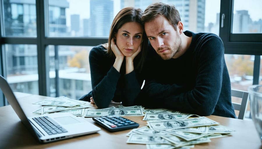 Concerned couple sitting apart at a dining table reviewing bills with a calculator and laptop, in a modern Toronto condo with a blurred city skyline in the background.
