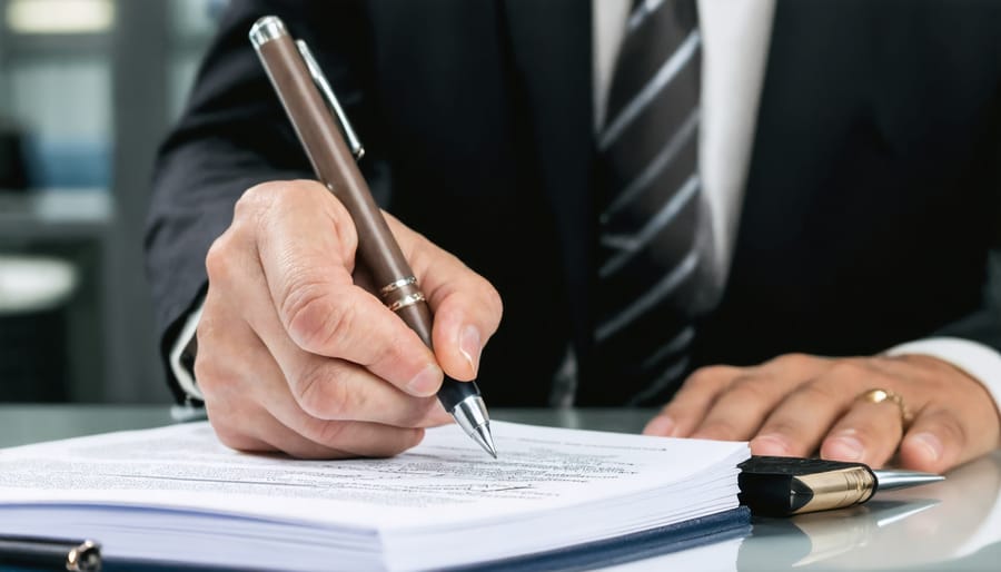 Person signing separation agreement with wedding ring visible on hand