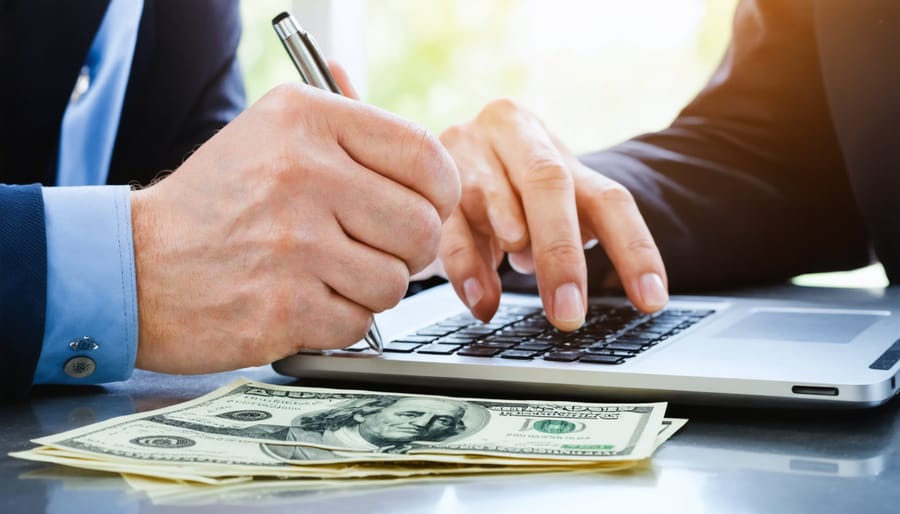 Person checking multiple payday loan accounts on smartphone with financial documents nearby