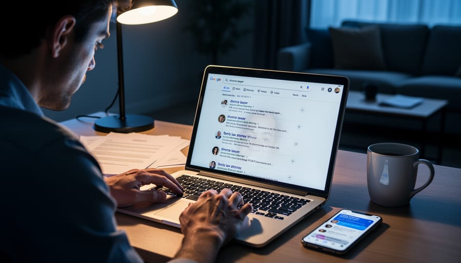 Person searching for legal services online at home desk during difficult time