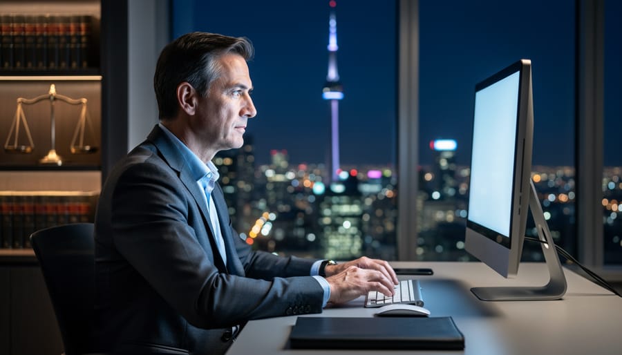 Divorce lawyer in a modern Toronto office at night, viewed from a three-quarter eye-level angle, hands on keyboard facing a glowing monitor, CN Tower visible through the window, law books and scales softly blurred in the background, cool blue screen light with warm city rim lighting.