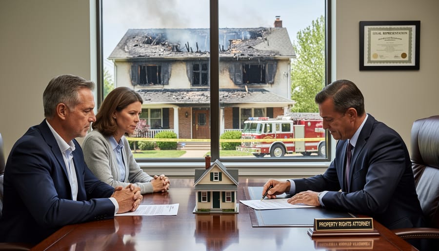 Legal professionals reviewing divorce settlement documents with property model on conference table