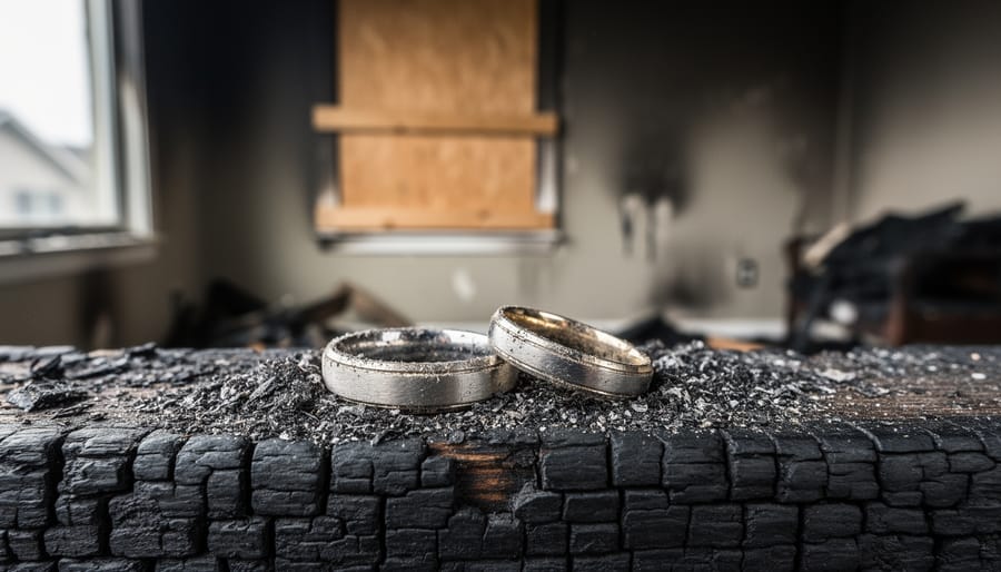 Two separated gold wedding rings on a charred windowsill in a burned house, with a smoky, boarded interior blurred in the background under soft overcast light.
