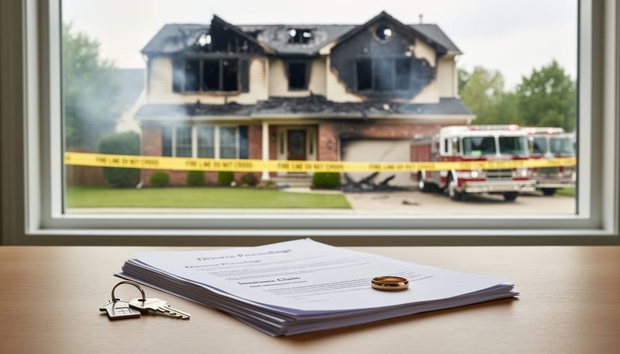Fire-damaged residential home with partially destroyed roof and blackened exterior walls