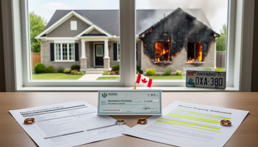 Insurance claim documents and calculator on desk representing property damage assessment