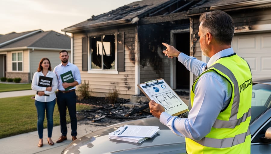 Property appraiser documenting fire damage to home for valuation assessment
