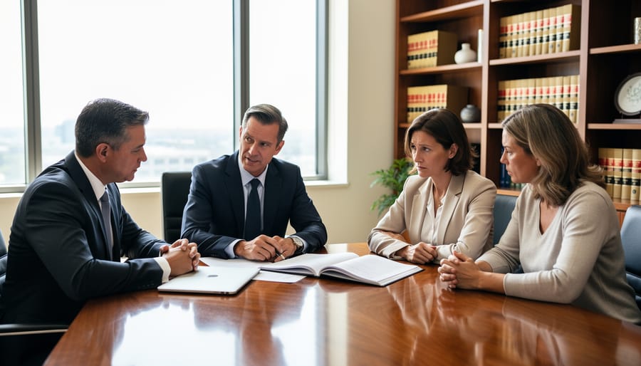 Divorce lawyer consulting with client in professional office setting