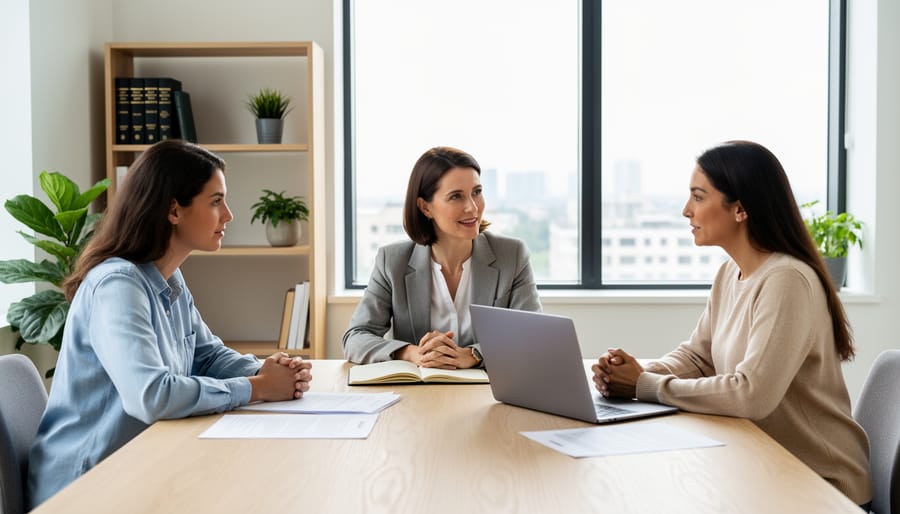 Modern mediation conference room with table and chairs in natural lighting