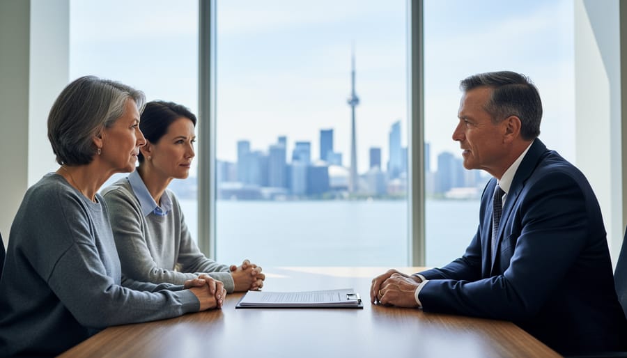 Divorce lawyer consulting with a couple at a conference table in a modern office, with the Toronto skyline and CN Tower softly blurred through large windows under soft natural light.