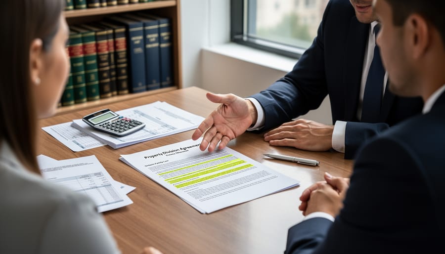 Close-up of hands signing legal documents on desk with pen