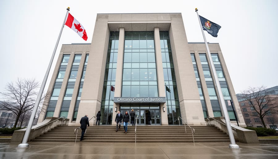 A person holding a folder of legal documents near an Ontario courthouse building at dusk.