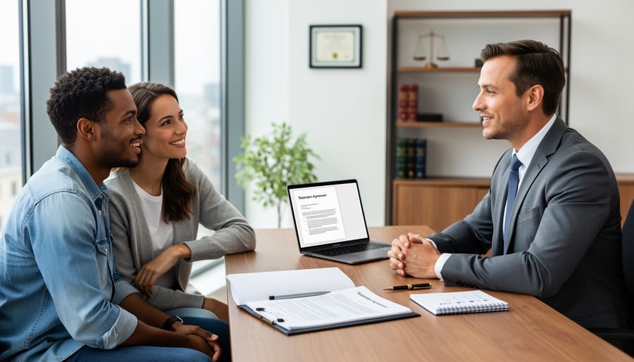 Lawyer and client hands exchanging a pen over an open binder on a desk in a legal office.