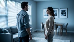 Two spouses standing apart in a living room, turned away from each other to symbolize separation in Ontario before divorce.