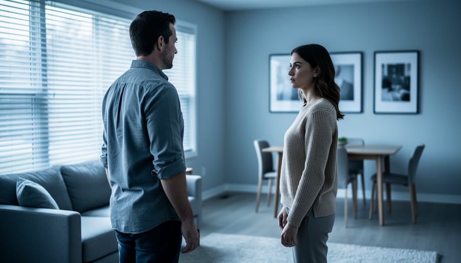 Two spouses standing apart in a living room, turned away from each other to symbolize separation in Ontario before divorce.