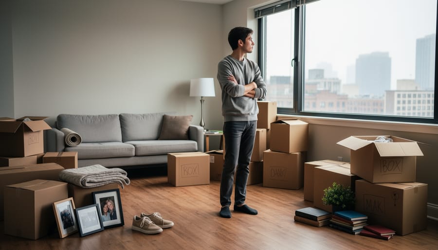 Two suitcases on a bedroom floor with a closed door in the background, suggesting a separation within a shared home.