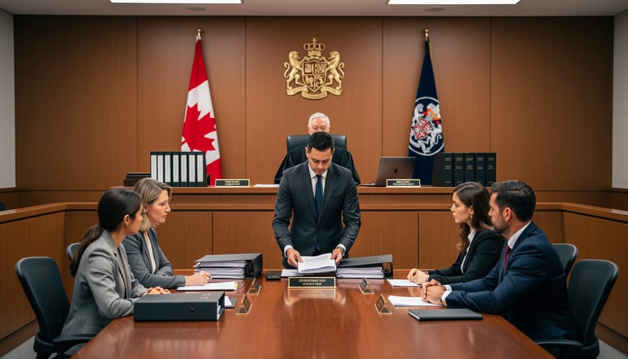 Legal case file on a table in a courtroom with courtroom seating and bench in the background.