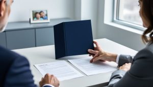 Attorney’s hands presenting legal documents to a couple at a modern office desk, representing family law guidance in Ontario.