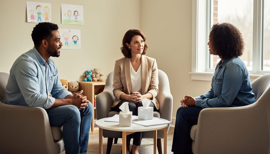 Two separated parents sitting with a therapist in a bright counseling office, discussing parenting concerns calmly.