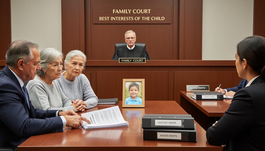 Older grandparent and lawyer seated in a courtroom with blurred judge’s bench in the background
