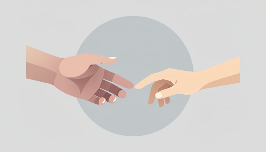 Close-up of a child reaching for a grandparent’s hand in a softly lit living room