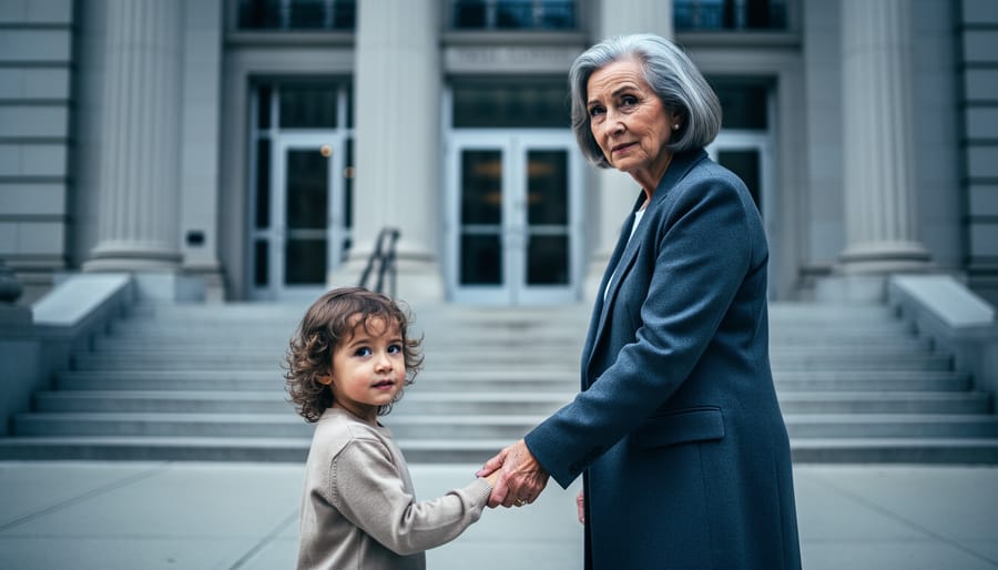 A grandparent holding a grandchild’s hand near a courthouse in Ontario, suggesting a legal access theme without visible text.