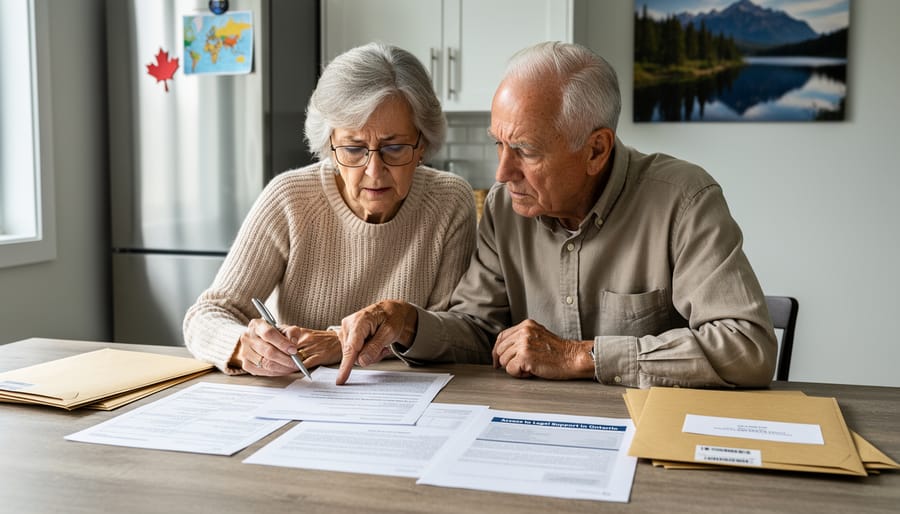 Grandparents reviewing legal documents at a kitchen table in Ontario-style home lighting
