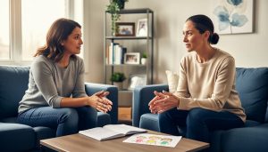 “Co-parents sit with a family therapist in a calm office setting, communicating respectfully while reviewing notes and focusing on their child’s needs.”