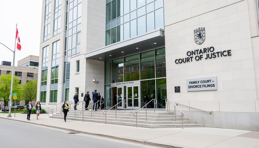 Wide view of an Ontario courthouse exterior with columns and evening lighting