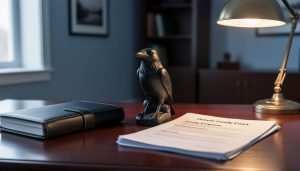 Close view of a lawyer’s desk with stacked documents, a closed leather planner, and a raven figurine symbolizing thoughtful legal strategy, lit warmly by a desk lamp.