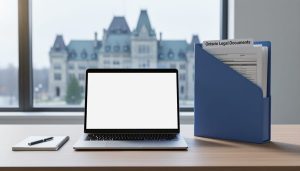 Laptop and Ontario legal documents on a desk with a softly blurred courthouse silhouette in the background.