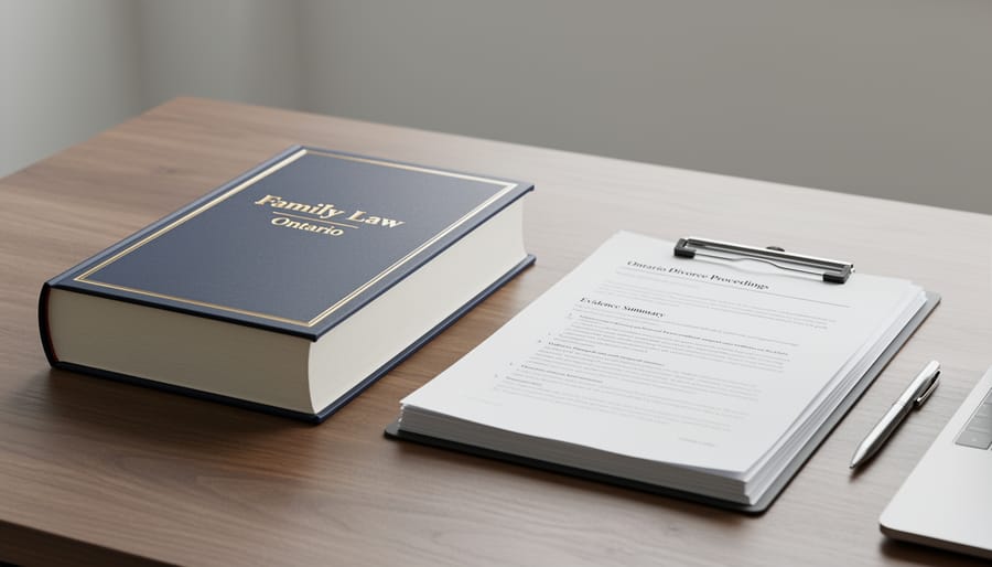 Open law book and organized binder materials on a wooden desk