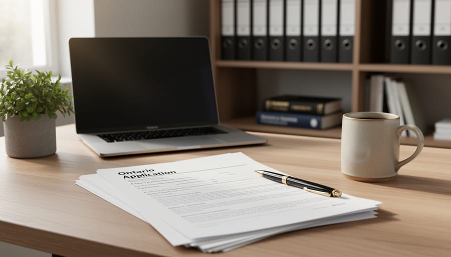 Close-up of a pen and eyeglasses next to organized legal documents on a desk with a blurred laptop in the background