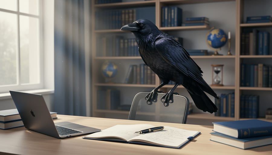 Raven perched on an office window ledge with soft morning light