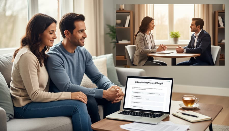Two people seated separately at a table with divorce-related documents and household items between them
