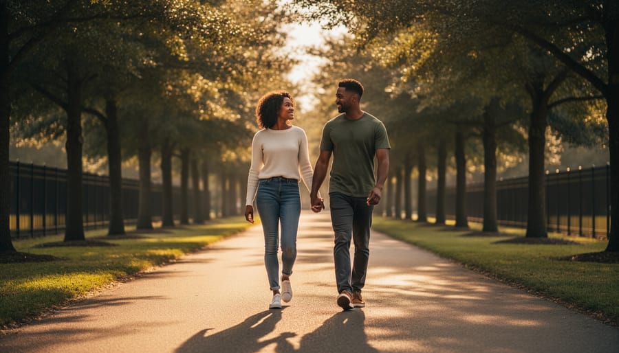 A couple walking together in a park at golden hour, holding a smartphone low between them, suggesting thoughtful, shared decisions.