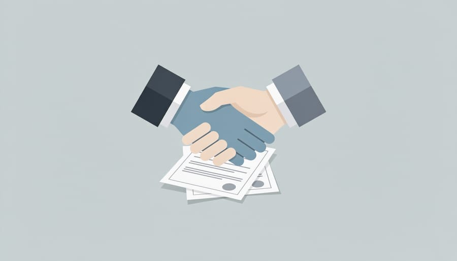 Close-up of hands holding blank legal forms and a pen in a home setting.