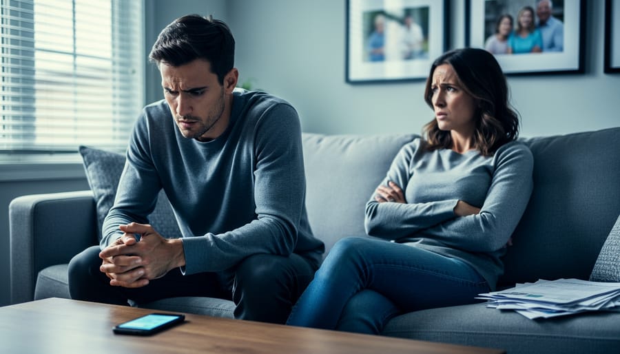 “A tense couple seated apart in a living room, with a smartphone on the coffee table and documents nearby, symbolizing stress from online gambling during divorce.”