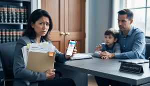 A parent holding legal paperwork while speaking with a lawyer in a calm office, with a second adult seated and a child’s hand in view, representing family law rights after court disruptions.