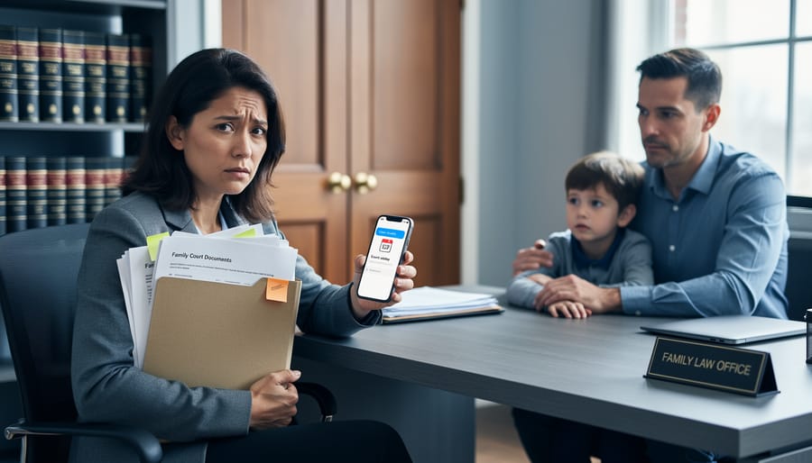 A parent holding legal paperwork while speaking with a lawyer in a calm office, with a second adult seated and a child’s hand in view, representing family law rights after court disruptions.