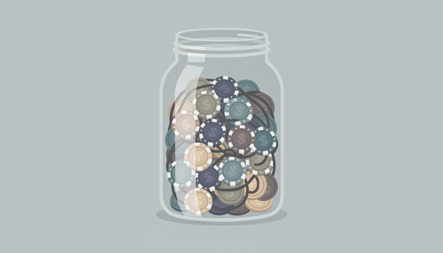 Close-up of hands placing coins and small poker chips into a clear jar on a wooden desk with a blurred photo frame in the background.