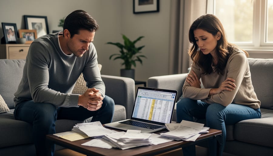 A worried couple sits at a kitchen table, one person looking down at an open wallet while the other holds a phone, suggesting financial strain and relationship tension.