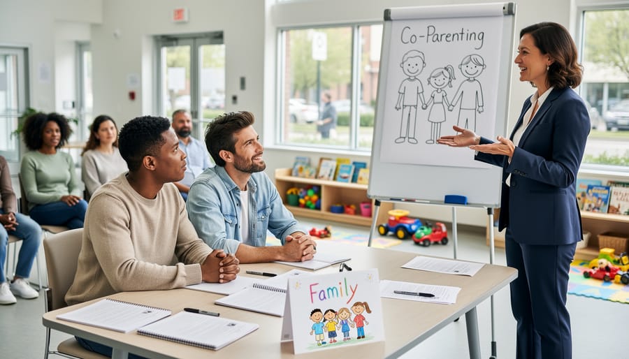 Two parents sit calmly at a kitchen table with children’s belongings visible, representing respectful co-parenting.