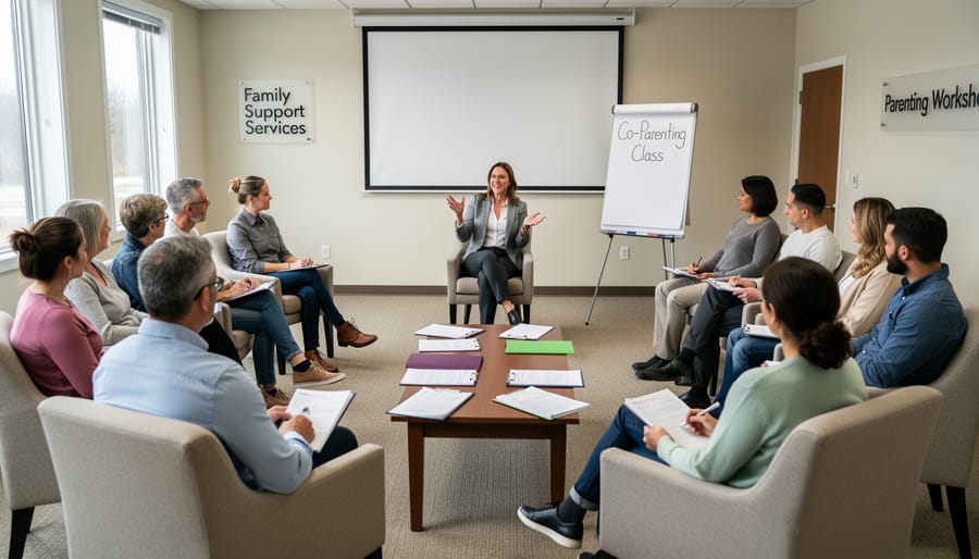 Parents and a facilitator in a meeting room with notebooks, illustrating a co-parenting class setting.