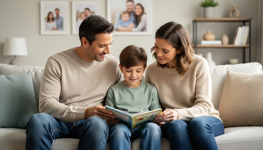 Seated apart on a living-room sofa, two parents gently engage with their child who holds a shared activity book, representing supportive co-parenting during family transition.
